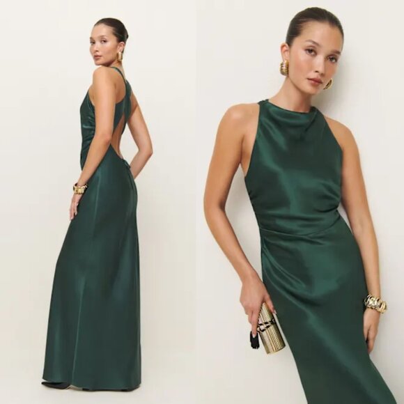 NWT Reformation Anaiis Silk Maxi Dress Sz 10 In Forest Green Slim Fit Cross Back